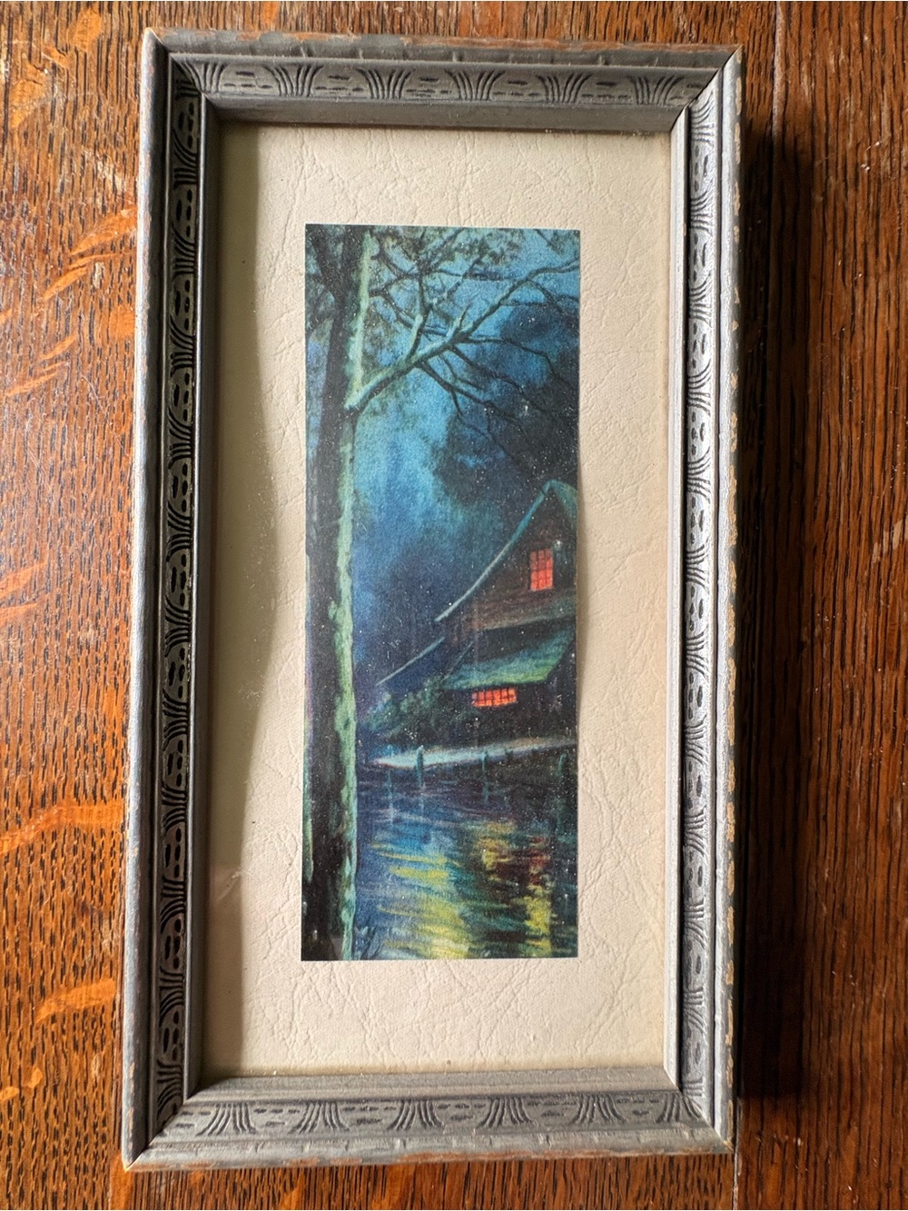 Vintage Framed Night Lakeside Art Print in Blue and Black